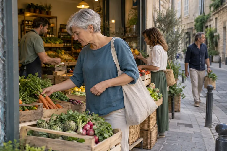 Une femme aux cheveux gris choisit des carottes sur un étal