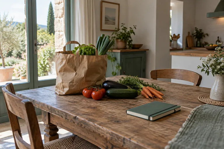 Un sac de légumes et un carnet fermé sont posés sur une table