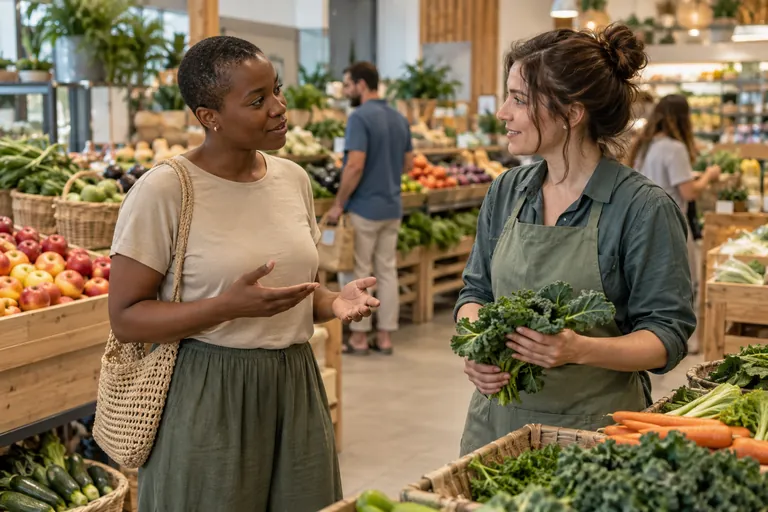 Une femme échange avec une vendeuse dans un rayon de légumes