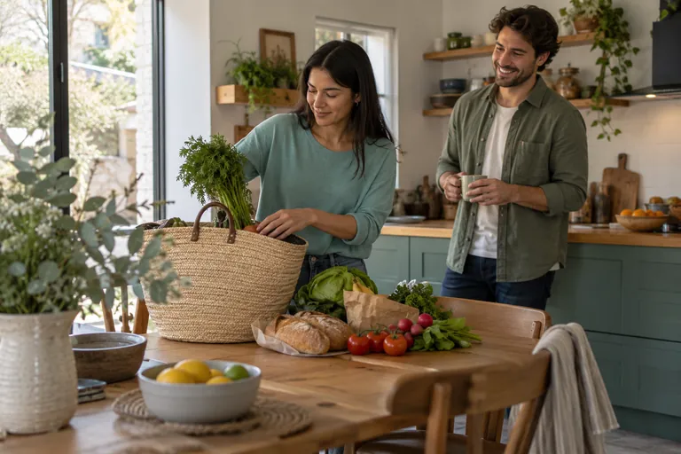 Une femme sort des légumes d’un panier tandis qu’un homme tient une tasse