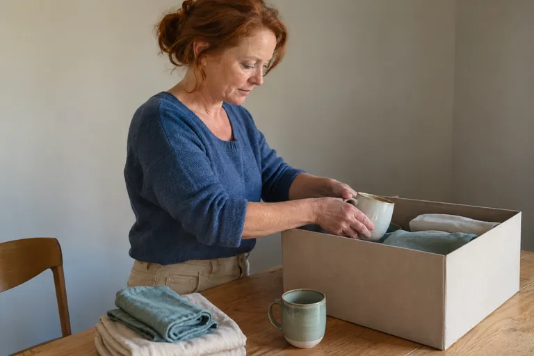 Une femme range une tasse dans une boîte contenant du linge plié.