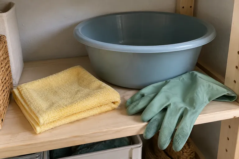 Une bassine vide, un chiffon plié et des gants sont posés sur une étagère.