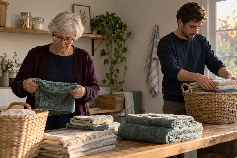 Une femme et un homme rangent des serviettes près de paniers.