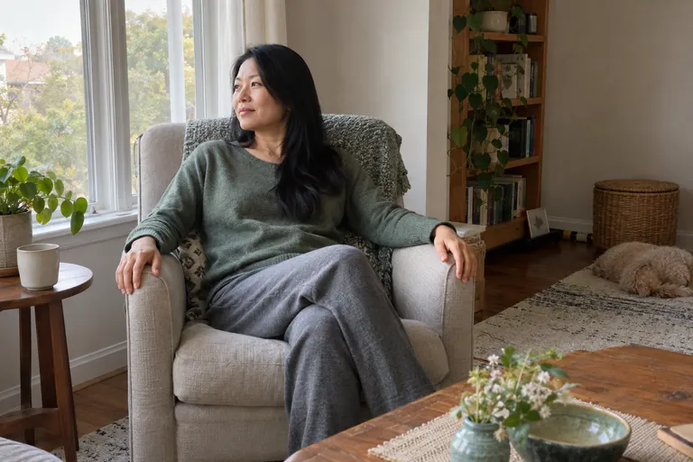 Une femme est assise dans un fauteuil près d’une fenêtre.