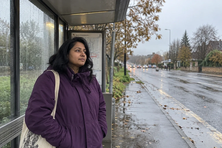 Une femme attend sous un abribus de banlieue par temps humide