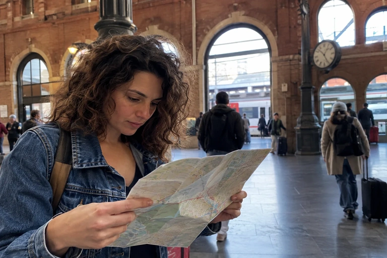 Une femme consulte une carte pliée dans un hall de gare