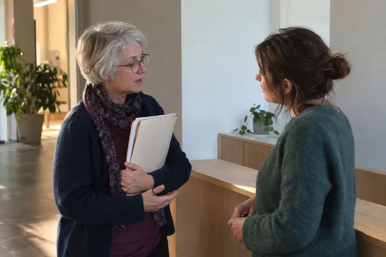 Deux femmes discutent près d’un comptoir, l’une tenant des dossiers contre elle.