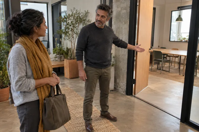 Un homme indique une salle ouverte à une femme qui tient un sac.