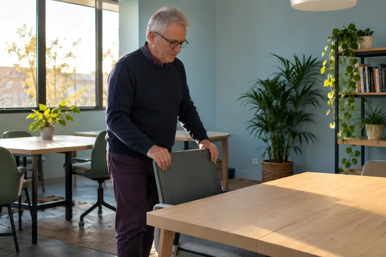 Un homme ajuste une chaise près d’une table.