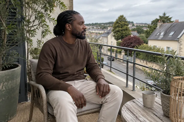 Un homme est assis sur un balcon, les mains posées sur ses cuisses.