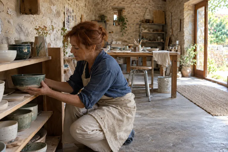 Une femme range un bol sur une étagère dans un atelier.
