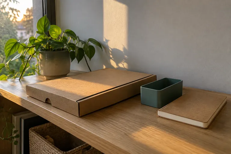 Une boîte en carton fermée, un petit bac vide et un carnet sont posés sur une table.