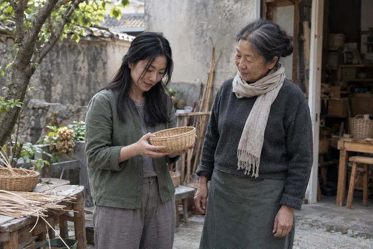 Deux femmes observent un panier tressé dans un atelier.