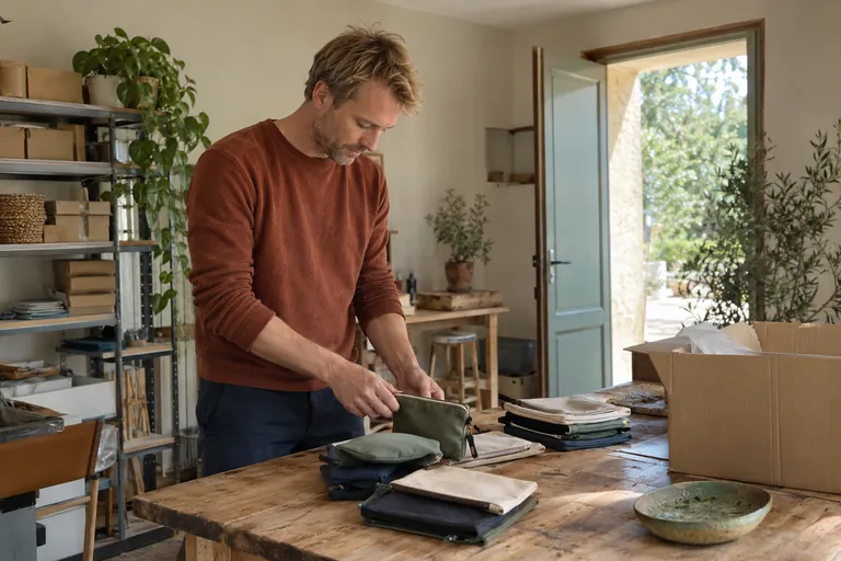 Un homme range des pochettes en tissu sur une table.