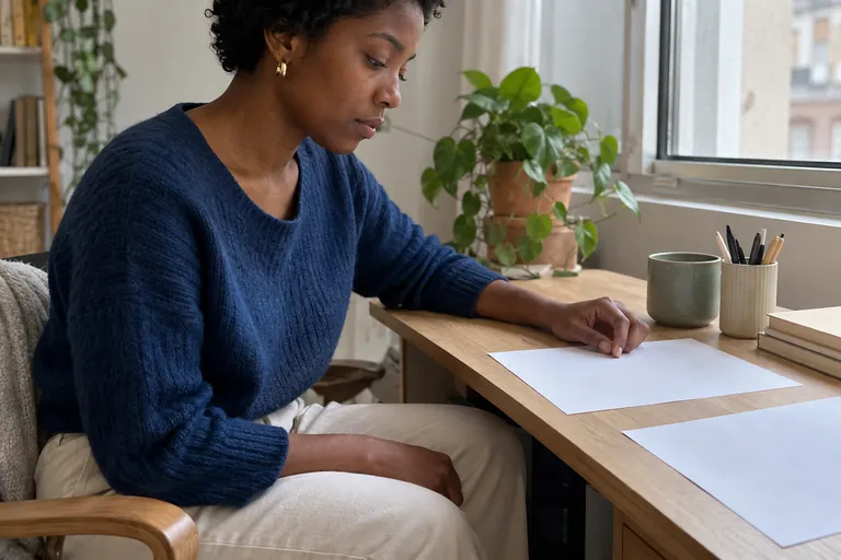 Une femme observe des feuilles posées sur son bureau.