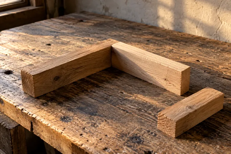 Trois morceaux de bois sont disposés sur un établi.