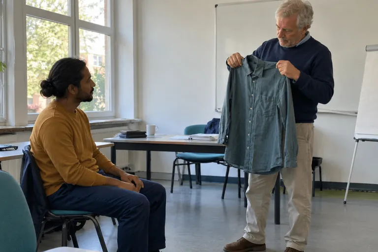 Un homme montre une chemise à un autre homme assis dans une salle.