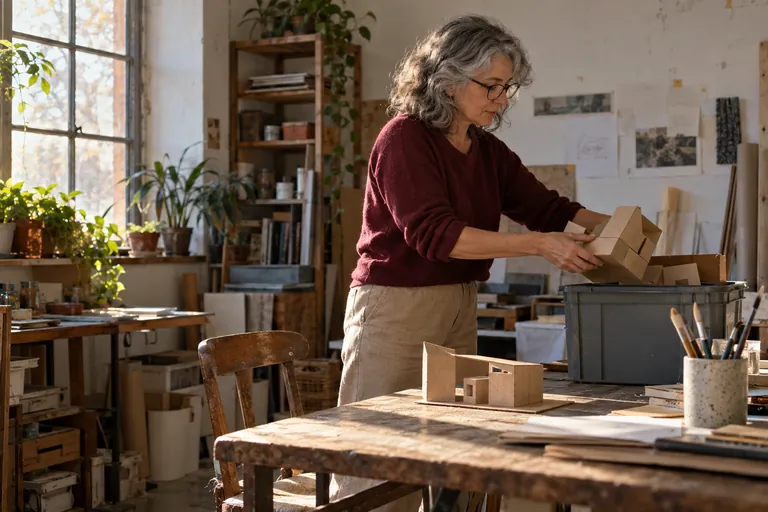 Une femme range une maquette en carton dans une caisse.
