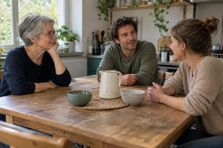 Trois adultes discutent autour d’une table de cuisine.