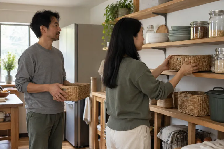Deux adultes rangent des paniers sur des étagères de cuisine.