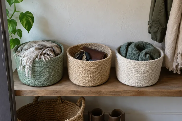 Trois paniers contiennent du linge, des clés et un portefeuille sur une étagère.