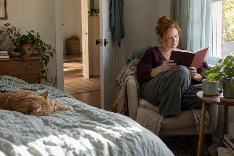 Une femme lit dans un fauteuil près d’une fenêtre, un chat couché sur le lit à côté.