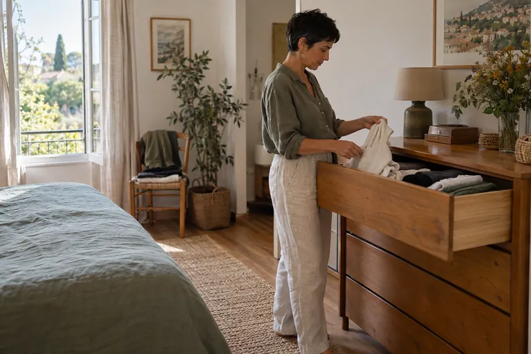Une femme sort un vêtement clair d’un tiroir de commode