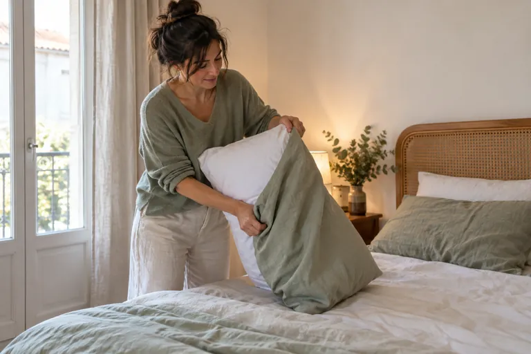 Une femme place une taie verte autour d’un oreiller