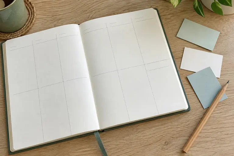 Un planning papier peu rempli, un crayon et trois cartes de tâches espacées sur une table