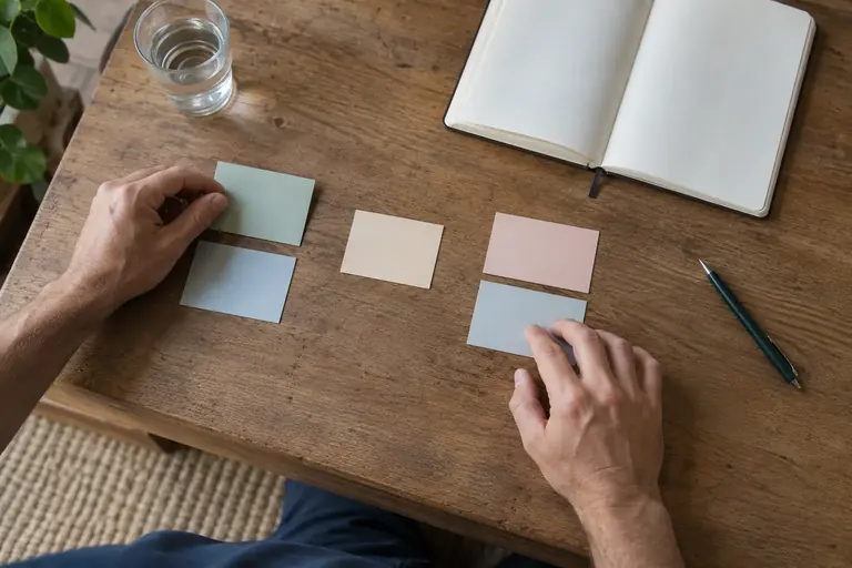 Des mains organisent cinq cartes de tâches sur un bureau à côté d’un carnet