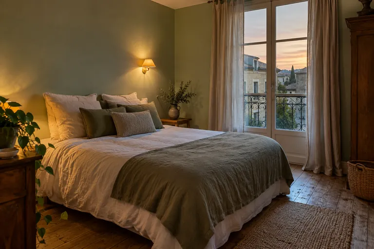 Une chambre vide est éclairée doucement au crépuscule