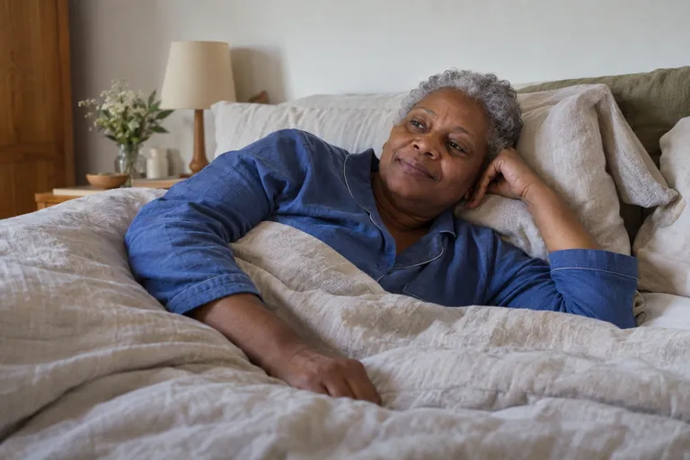 Une femme repose sous une couverture en lin