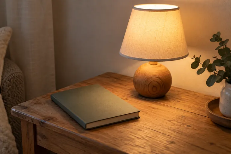 Un carnet fermé et une lampe reposent sur une table