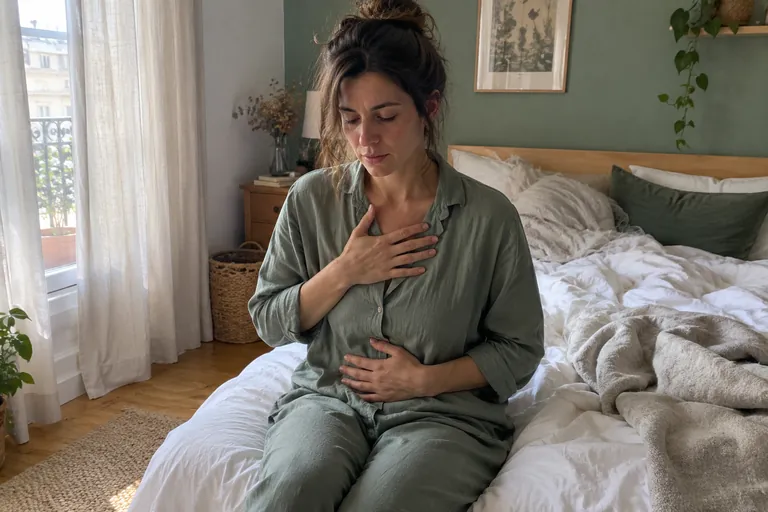 Une femme assise au bord de son lit, une main sur la poitrine et l’autre sur le ventre, observe les sensations de son corps