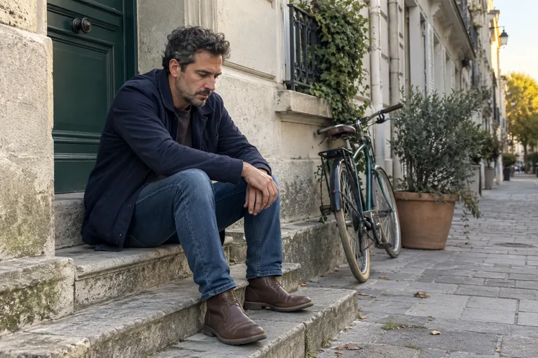 Un homme assis sur les marches d’un immeuble, les coudes sur les genoux, expire lentement
