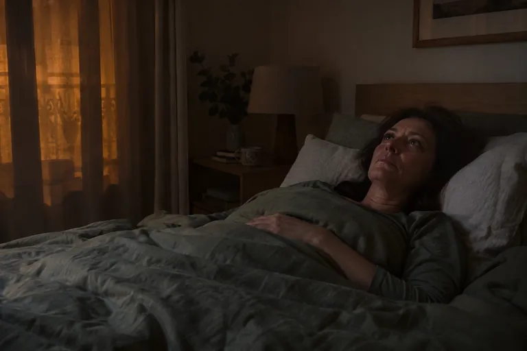 Une femme allongée dans son lit la nuit, les yeux ouverts, fixe le plafond