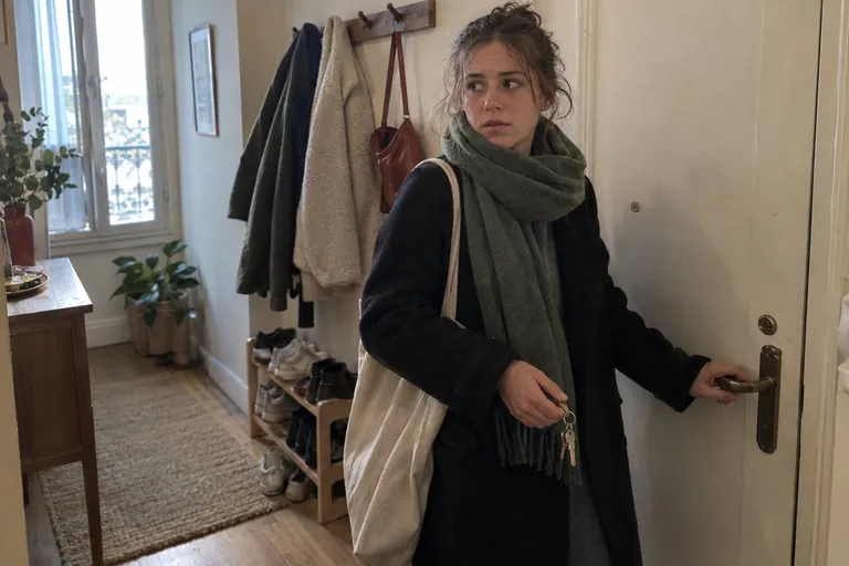 Une jeune femme en manteau, les clés à la main, hésite devant sa porte d’entrée
