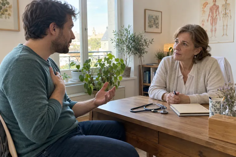 Une médecin généraliste écoute attentivement un patient qui pose la main sur sa poitrine