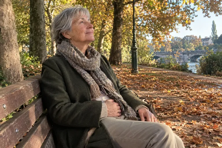 Une femme âgée assise sur un banc de parc en automne, une main sur le ventre, regarde les arbres
