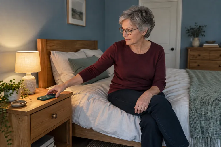 Une femme assise sur un lit pose son téléphone sur une table de chevet.