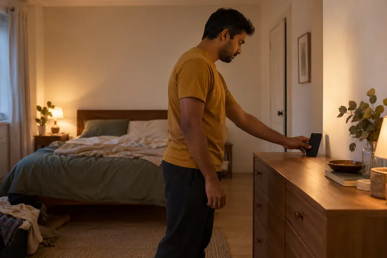Un homme place son téléphone sur une commode éloignée du lit.