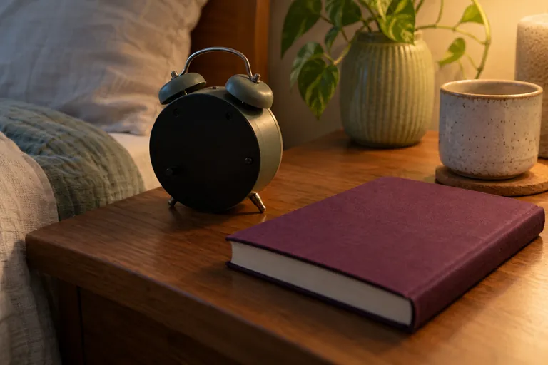Un réveil tourné de dos, un livre fermé et une tasse reposent sur une table de chevet.