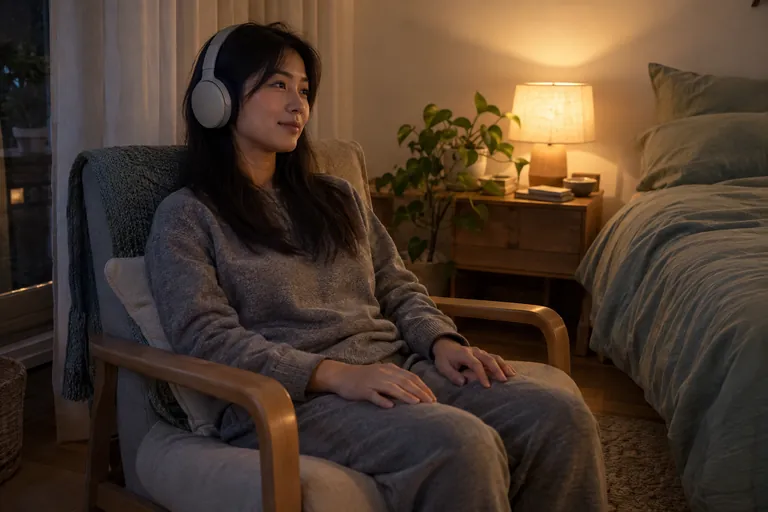 Une femme portant un casque audio est assise dans un fauteuil près du lit.