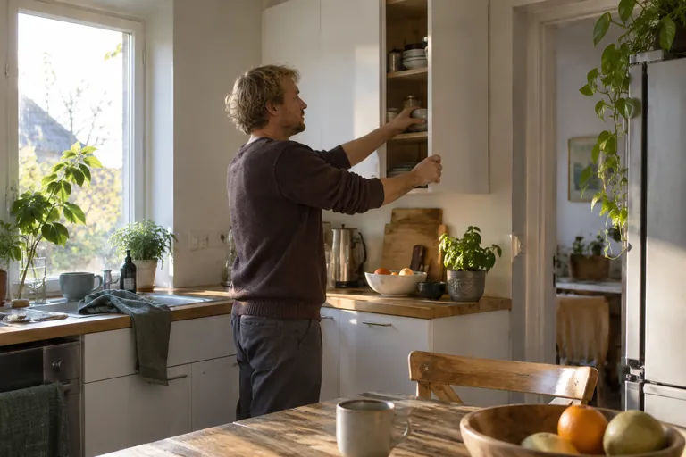 Un homme prend une tasse dans un placard de cuisine.