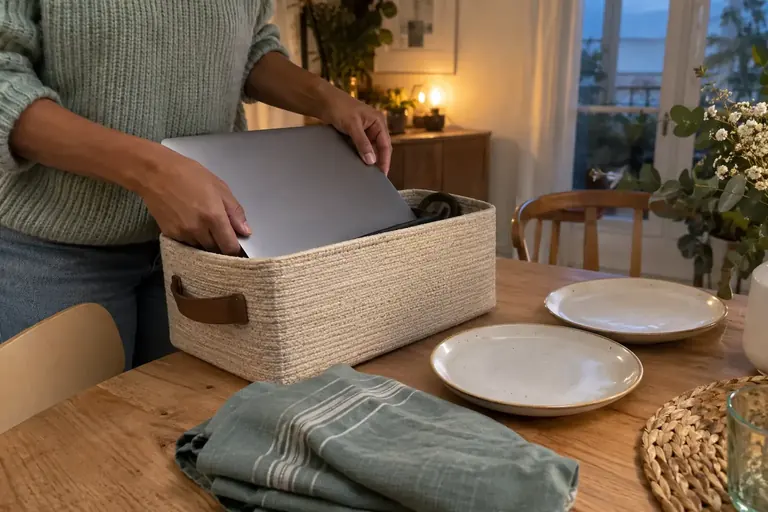 Des mains rangent un ordinateur fermé dans un panier, à côté d’une table préparée pour le repas
