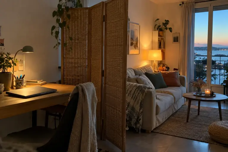 Un petit appartement avec un bureau séparé du salon par un paravent