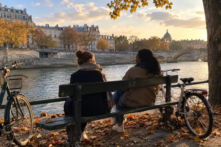 Deux adultes sont assis tranquillement au bord d’une rivière, leurs vélos à proximité