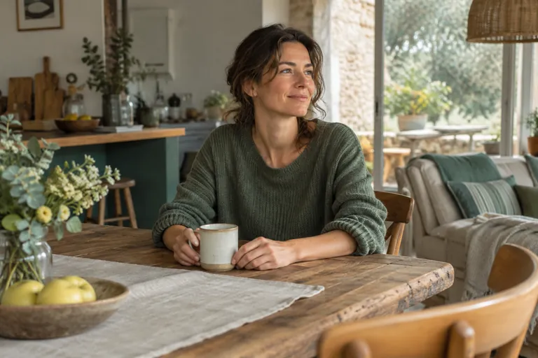 Une femme assise à une table tient une tasse