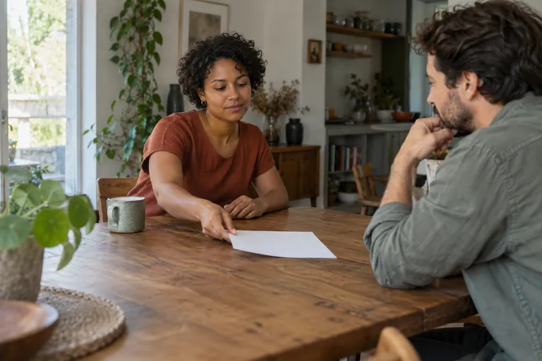 Une femme pose une feuille blanche sur une table devant un interlocuteur