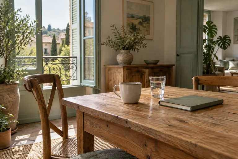 Une tasse, un verre d’eau et un carnet fermé reposent sur une table